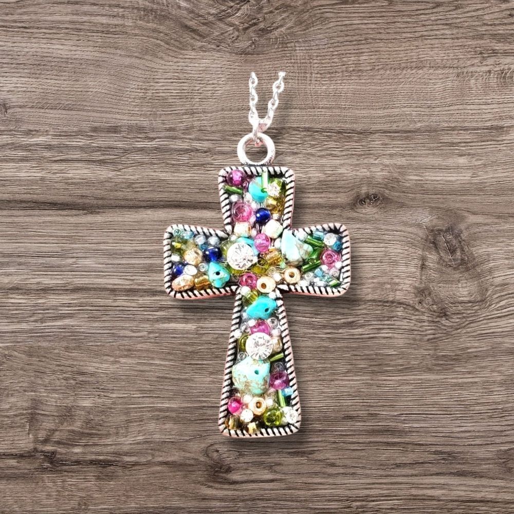 Vintage Silver Tone Cross Pendant Wiith CZ AND .TURQUOISE  Treasure LTD